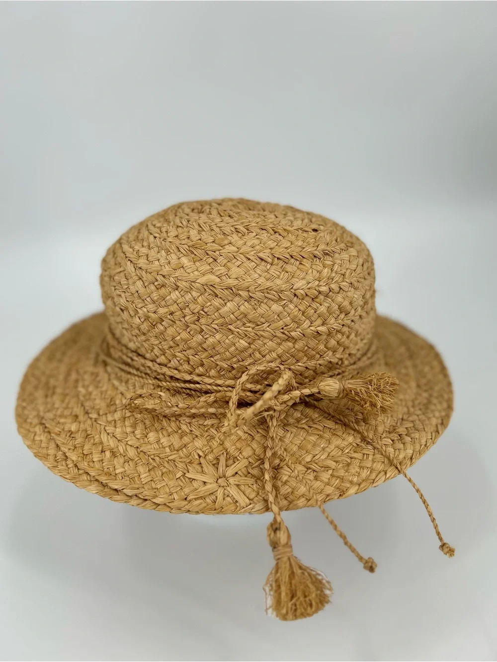 Helen Kaminski Braided Straw Sun Hat with Tassel Tie - Tan